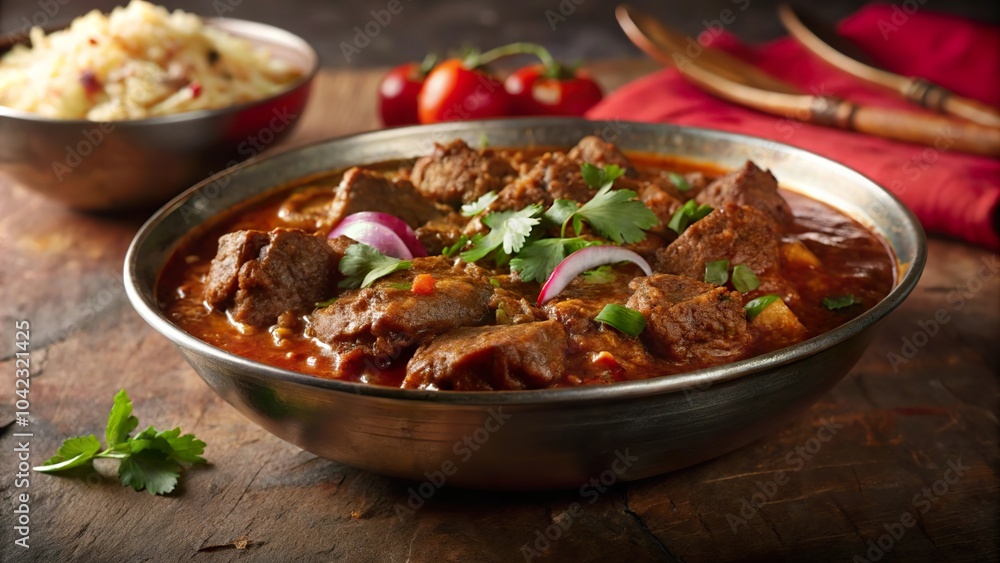 Aromatic lamb vindaloo cooked with spices and fresh herbs served in a traditional bowl with rice and garnishes Aromatic lamb vindaloo cooked with spices and fresh herbs served in a traditional bowl with rice and garnishes