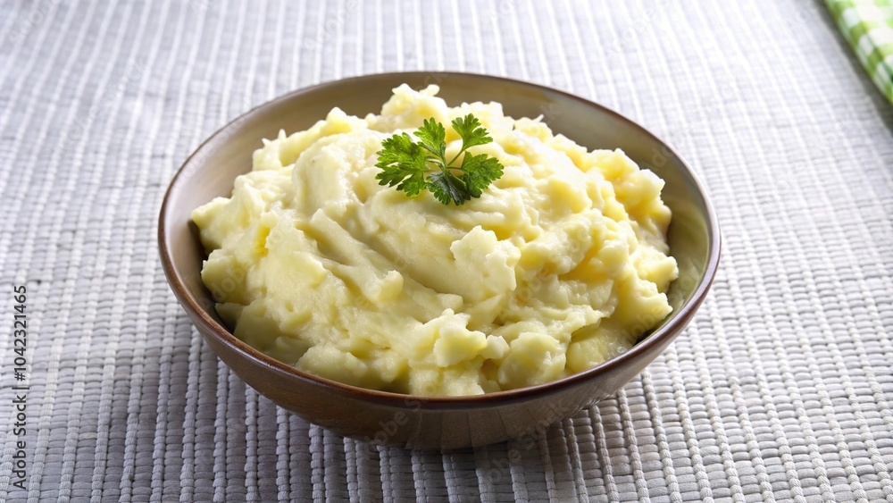 Creamy mashed potatoes served in a rustic bowl garnished with fresh parsley on a textured tablecloth Creamy mashed potatoes served in a rustic bowl garnished with fresh parsley on a textured tablecloth