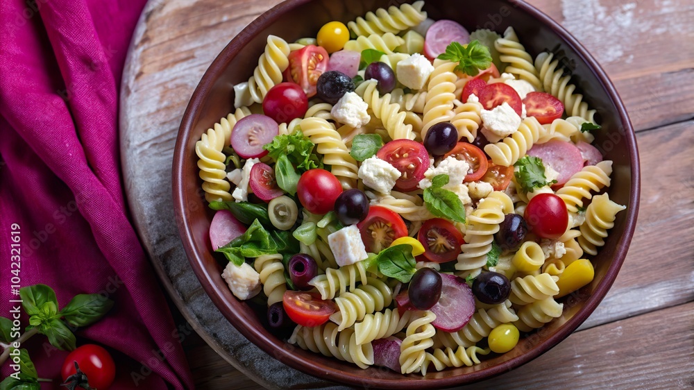 Colorful pasta salad with fresh vegetables and herbs served at a summer picnic gathering Colorful pasta salad with fresh vegetables and herbs served at a summer picnic gathering