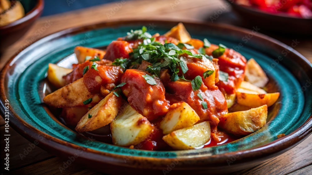 Savoring patatas bravas, a classic Spanish dish, served in a rustic setting with rich tomato sauce and herbs Savoring patatas bravas, a classic Spanish dish, served in a rustic setting with rich tomato sauce and herbs