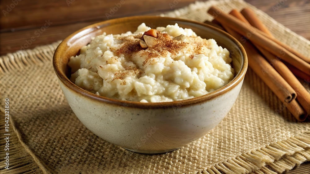 Delicious rice pudding served in a rustic bowl garnished with cinnamon and almonds for a comforting dessert experience Delicious rice pudding served in a rustic bowl garnished with cinnamon and almonds for a comforting dessert experience