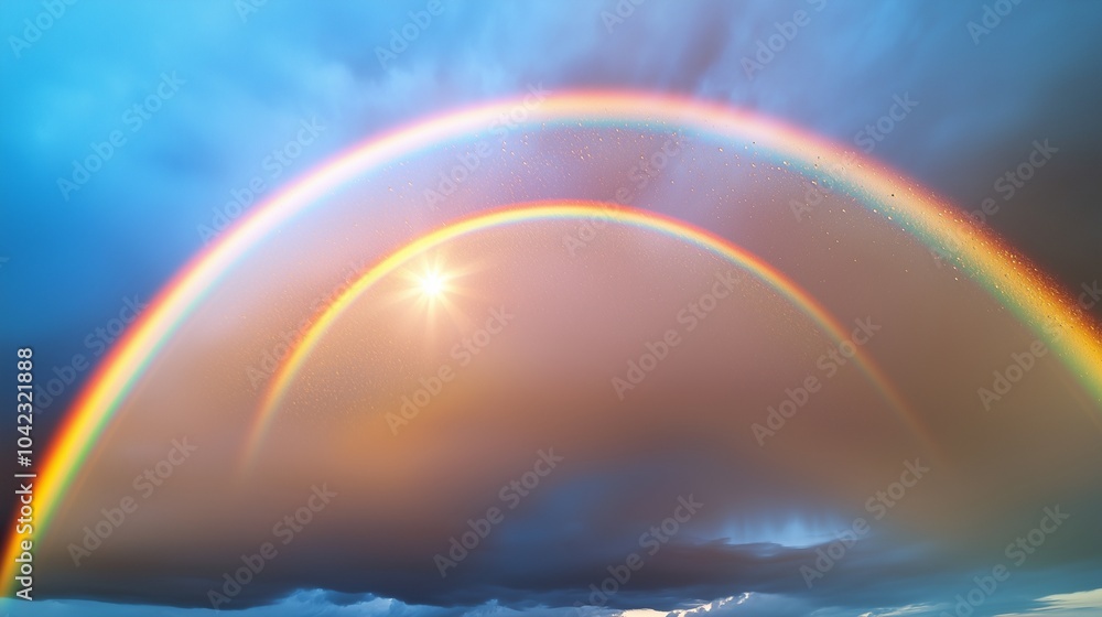 A vivid double rainbow appearing in a stormy sky, with raindrops still visible and the sun breaking through the clouds. A vivid double rainbow appearing in a stormy sky, with raindrops still visible and the sun breaking through the clouds.