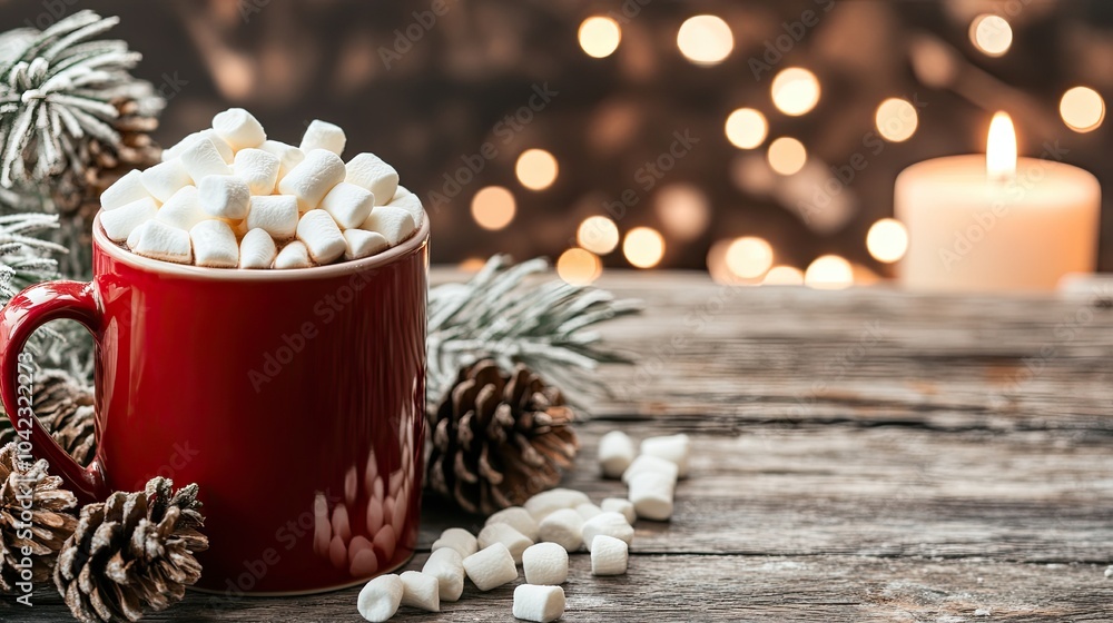 A comforting mug of hot cocoa topped with marshmallows sits on a rustic table, surrounded by festive decorations and a warm glow A comforting mug of hot cocoa topped with marshmallows sits on a rustic table, surrounded by festive decorations and a warm glow