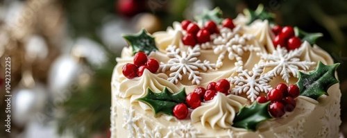 A stunning Christmas cake with festive frosting, adorned with holly, candy canes, and edible snowflakes, on a cake stand surrounded by holiday lights