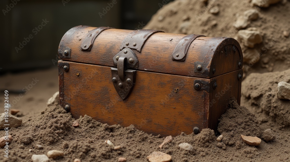 A weathered wooden chest resting on sandy soil in suggesting hidden treasures and forgotten stories A weathered wooden chest resting on sandy soil in suggesting hidden treasures and forgotten stories