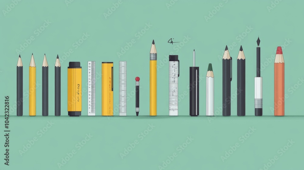A collection of pencils, pens, and rulers. A collection of pencils, pens, and rulers.