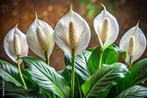 Decorative peace lily or Spathiphyllum wallisii flowers reflected on water surface photo