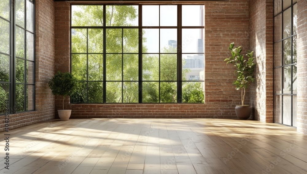 Fototapeta premium Spacious Loft with Large Windows and Brick Wall