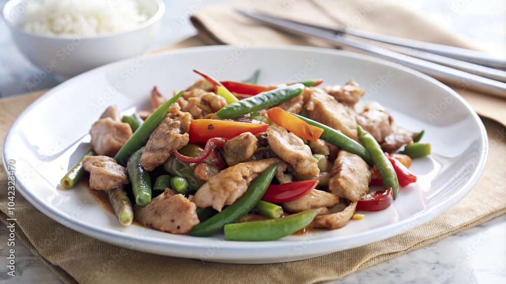 Delicious stir-fried chicken with sweet peppers and green beans served with rice on a cozy dining table Delicious stir-fried chicken with sweet peppers and green beans served with rice on a cozy dining table