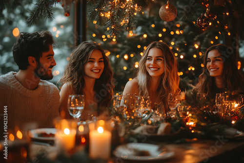 Family gathers for a festive dinner near a beautifully decorated Christmas tree, enjoying a traditional holiday meal in a cozy atmosphere. 