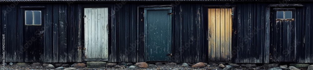 A row of dark charcoal fishing huts on the island of Fårö A row of dark charcoal fishing huts on the island of Fårö