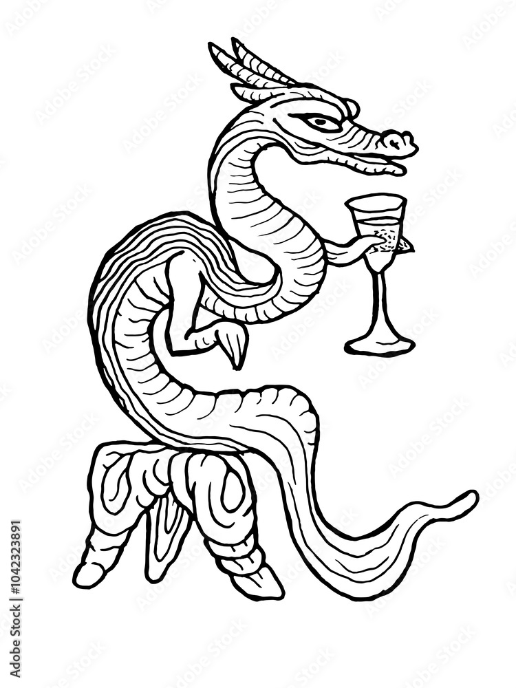 Sea Horse, Dragon Snake Hare Cat Cocker Spaniel with a glass of wine ink line tattoo print stamp Sea Horse, Dragon Snake Hare Cat Cocker Spaniel with a glass of wine ink line tattoo print stamp