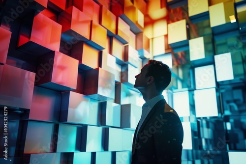 Detailed shot of a businessman in profile against a backdrop of abstract, colorful 3D cubes