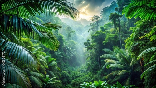 Deep jungle in Southeast Asian rainforest with forced perspective