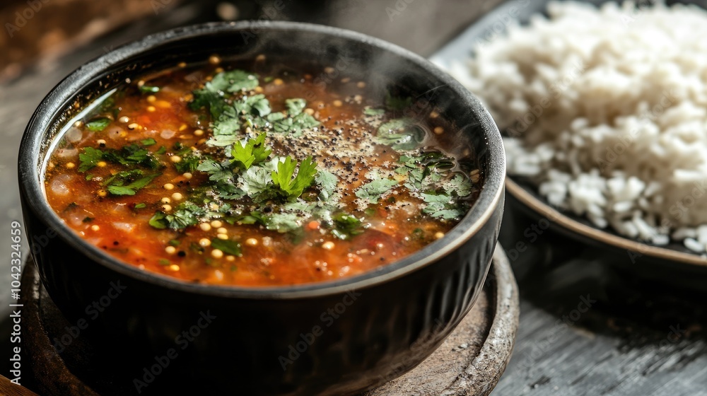 Fresh Spicy Soup with Rice on Wooden Table Fresh Spicy Soup with Rice on Wooden Table