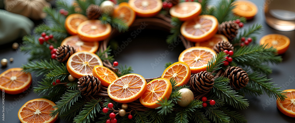 A wreath made of oranges and pinecones. The oranges are arranged in a circle and the pinecones are scattered around them. The wreath is on a wooden table A wreath made of oranges and pinecones. The oranges are arranged in a circle and the pinecones are scattered around them. The wreath is on a wooden table