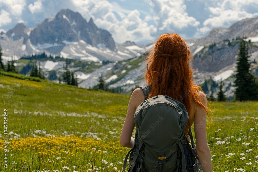 Naklejka premium Young woman with long red hair, wearing a sundress, standing in a mountain meadow with a backpack 1
