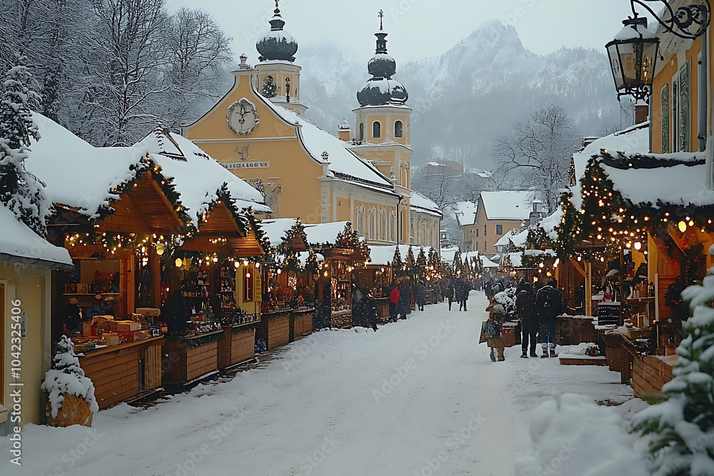 Naklejka premium A festive holiday market with wooden stalls, twinkling fairy lights, and people shopping for gifts, set in a snowy town square, creating a cozy winter atmosphere. 