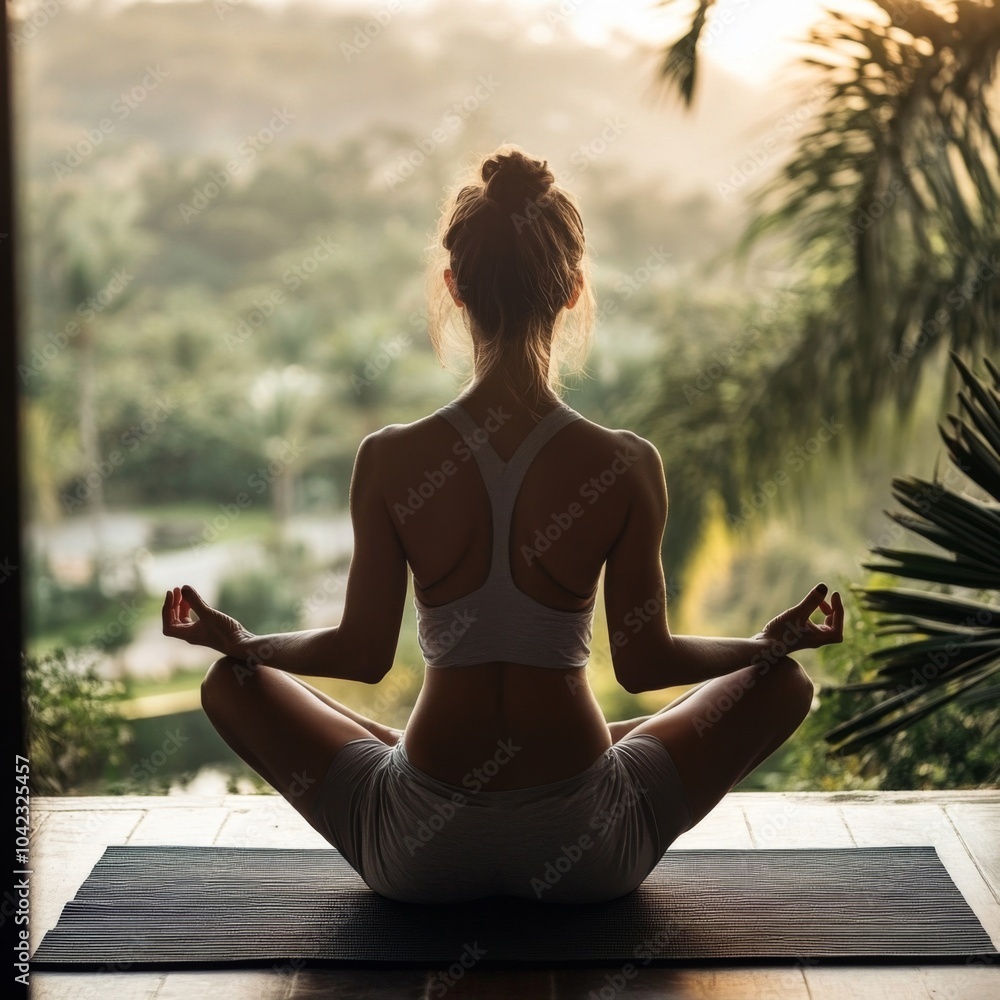 Woman in Yoga Pose with Tropical View
