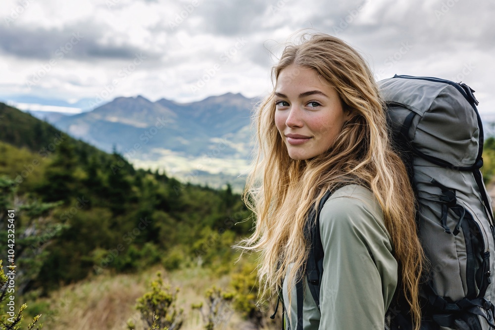 Young woman with long blonde hair, wearing hiking gear, standing on a mountain trail with a scenic view behind her 2 Young woman with long blonde hair, wearing hiking gear, standing on a mountain trail with a scenic view behind her 2