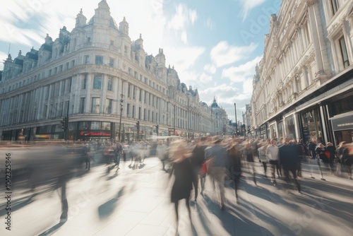 a busy street with people walking, motion blur, city center of London, white buildings in the background Generative AI photo