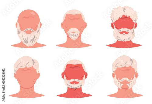 Elderly haircut. Old man diversity hairstyles, senior head face avatar with beard moustache hair shape elder pensioner barber hairstyling cartoon set vector illustration