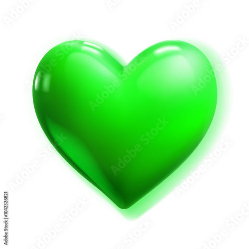 Large beautiful green heart with glares and soft shadow, isolated on white background