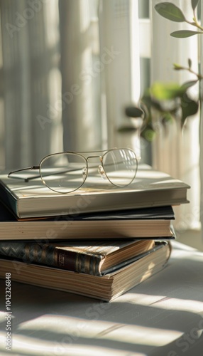 Eyeglasses resting atop a stack of books textbooks on a grey surface, softly illuminated by natural