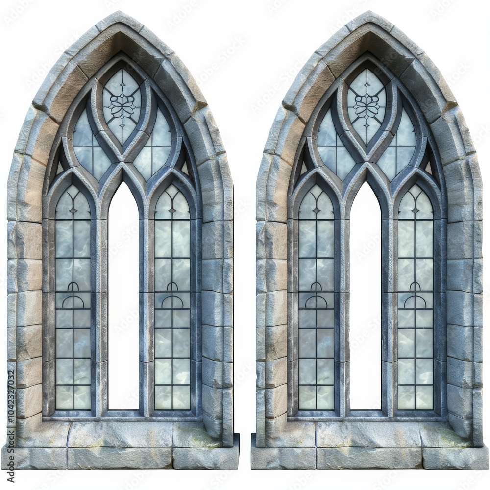 Fototapeta premium Intricately designed medieval arched windows, rendered in an isolated PNG format with a transparent