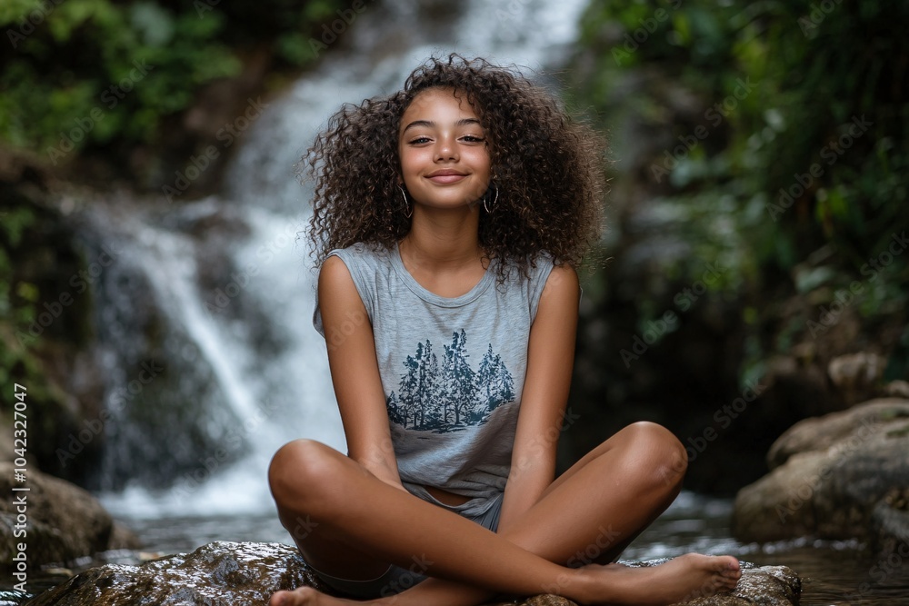 Teenage girl with curly hair, wearing a T-shirt and shorts, sitting on a rock with a waterfall in the background 2 Teenage girl with curly hair, wearing a T-shirt and shorts, sitting on a rock with a waterfall in the background 2