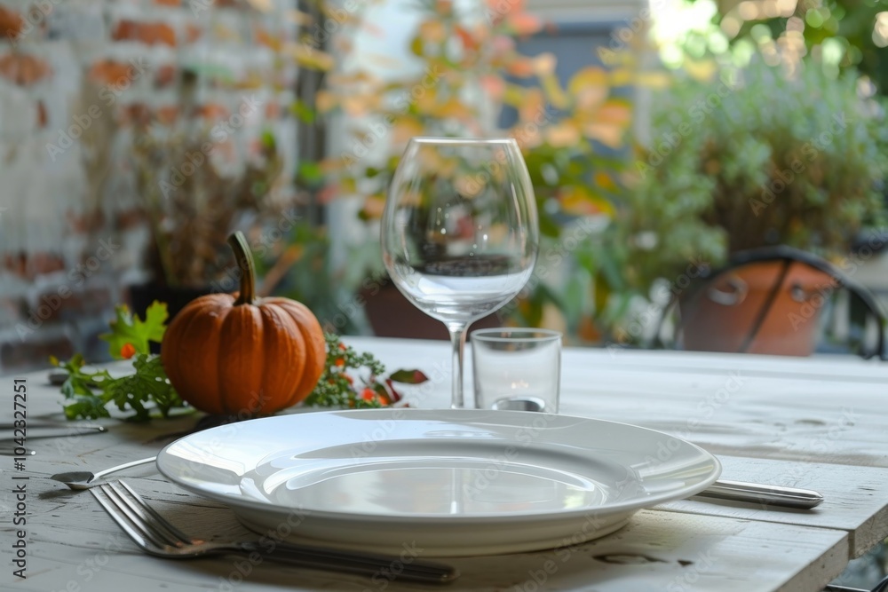 photo of a festive Thanksgiving table setting, featuring an empty plate, wine glass, and seasonal photo of a festive Thanksgiving table setting, featuring an empty plate, wine glass, and seasonal