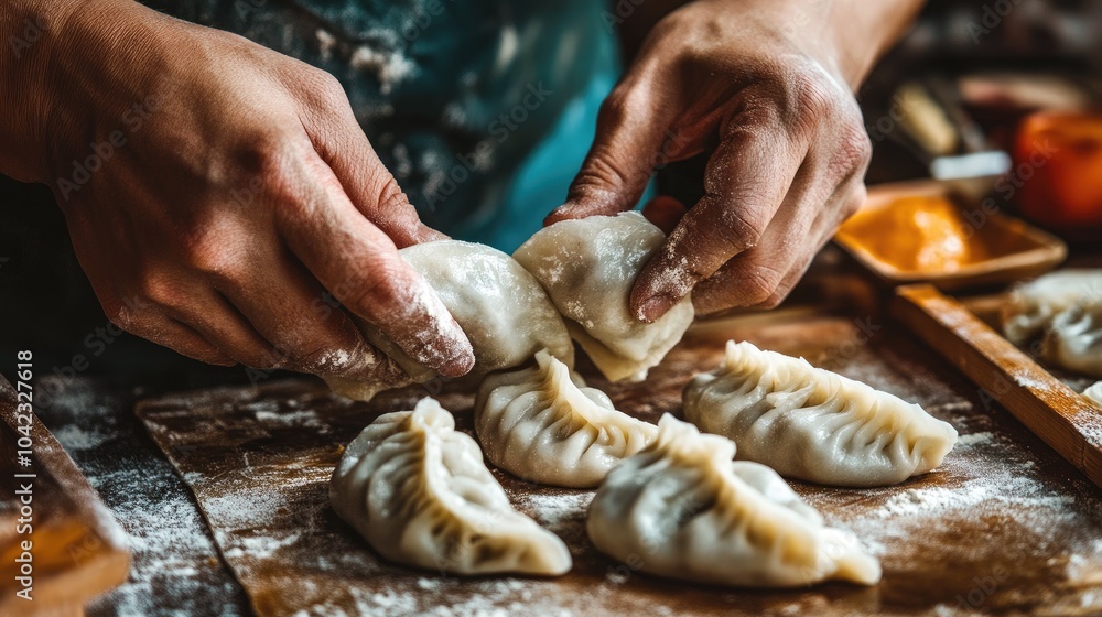 Hands Preparing Fresh Dumplings in a Kitchen Setting Hands Preparing Fresh Dumplings in a Kitchen Setting