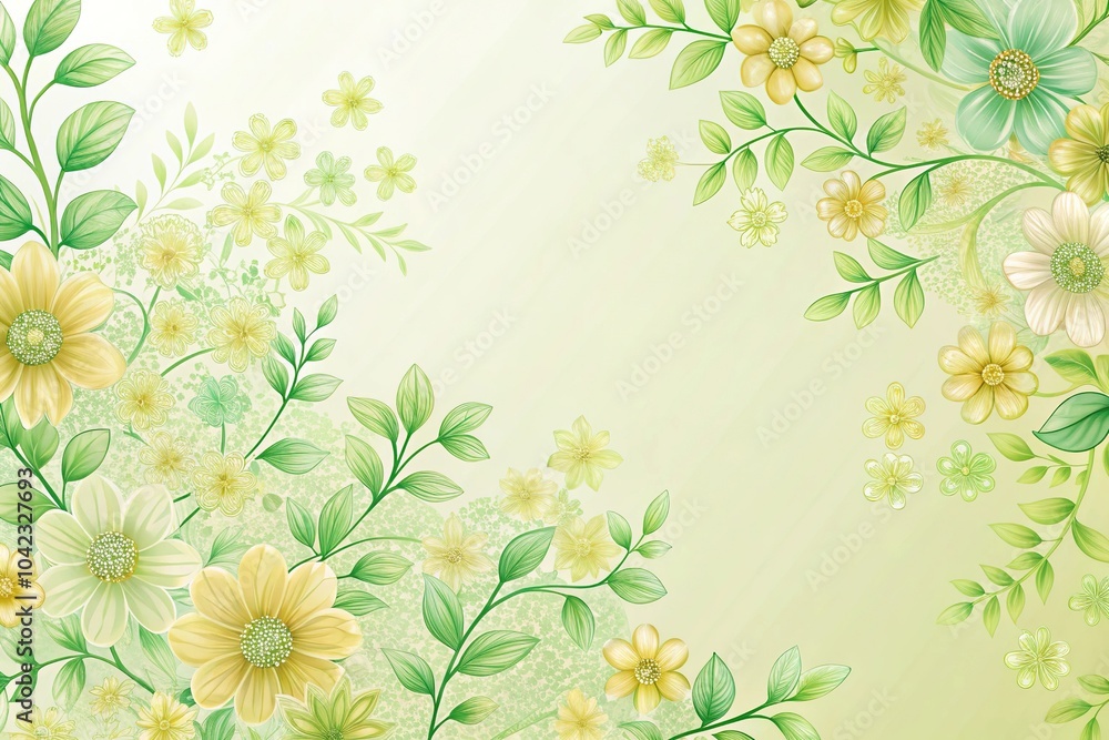 Fototapeta premium Delicate floral patterns in pastel yellow and green background