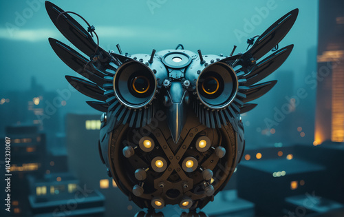 Mechanical Owl Overlooking Cityscape at Night. photo