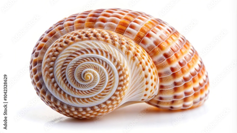 Delicate patterned seashell with spiral shape isolated on white background extreme close-up Delicate patterned seashell with spiral shape isolated on white background extreme close-up