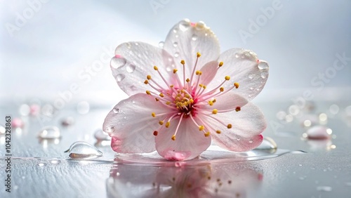 Delicate pink cherry blossom close-up with translucent petals and dew drops on white background