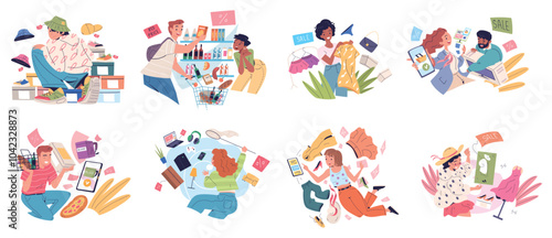 Shopaholic people concept. Customer hurry in shop, shopping bargain online offline purchase goods product buyer shopaholism consumerism discount market, classy vector illustration