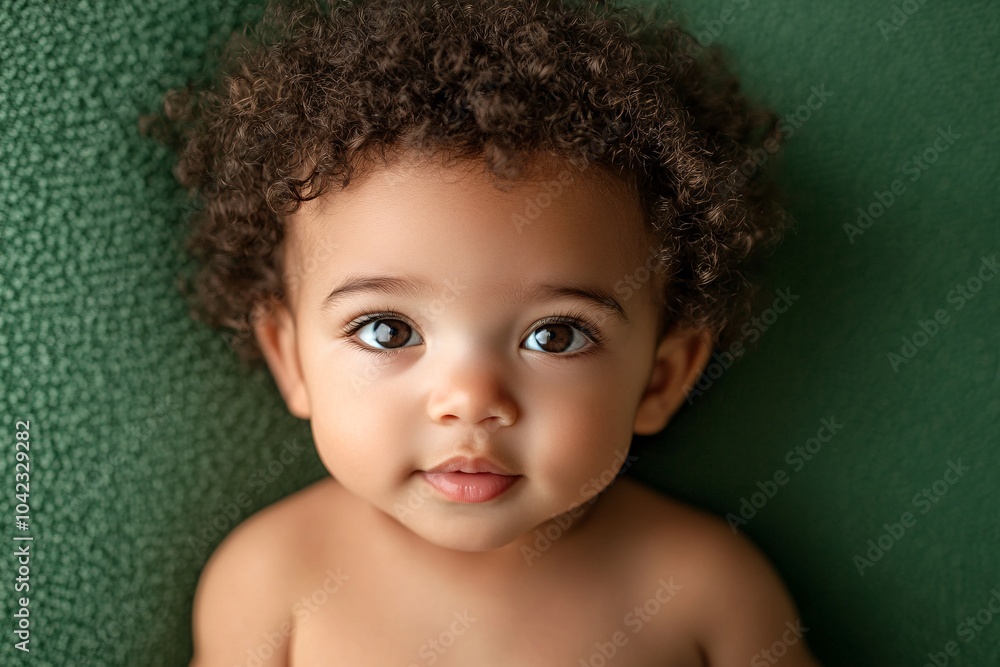 Indigenous baby boy with tan skin and curly hair, lying on a green background 1 Indigenous baby boy with tan skin and curly hair, lying on a green background 1