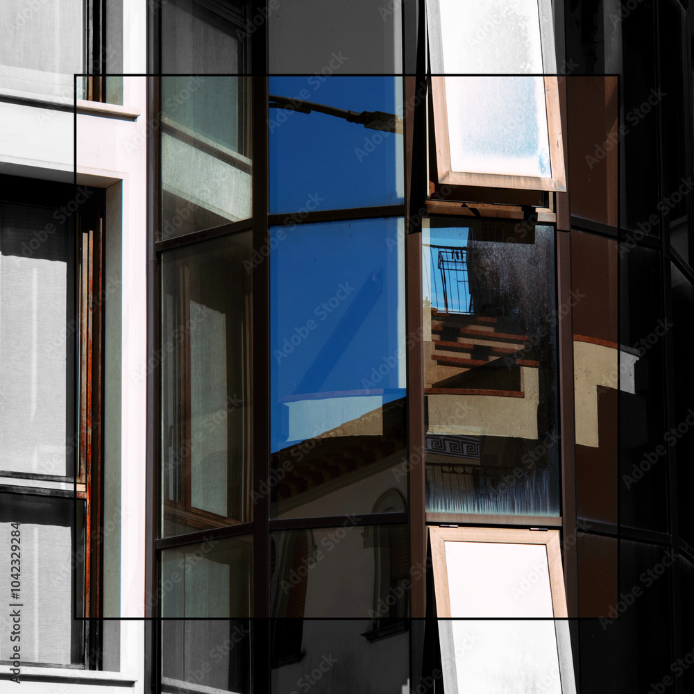 Fototapeta premium Cornice bianco e nero con interno a colori di una facciata di edificio moderno