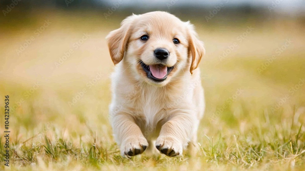 Golden retriever puppy joyfully runs through a sunlit field, exuding pure happiness, AI Golden retriever puppy joyfully runs through a sunlit field, exuding pure happiness, AI