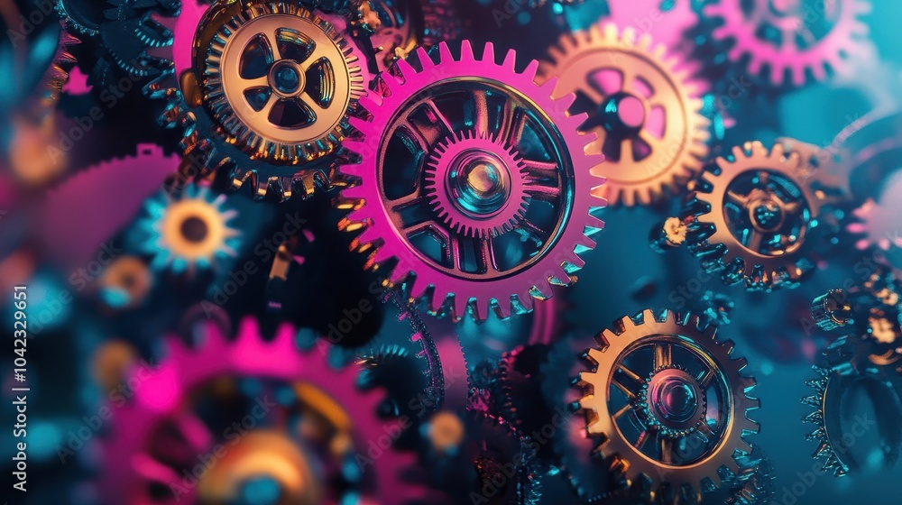 Vibrant pink gold and teal gears rotate slowly on a gradient background wallpaper Vibrant pink gold and teal gears rotate slowly on a gradient background wallpaper