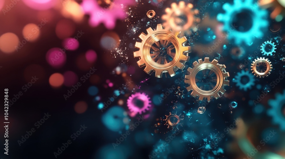 Neon yellow and copper gears float against a violet-to-cyan gradient wallpaper Neon yellow and copper gears float against a violet-to-cyan gradient wallpaper