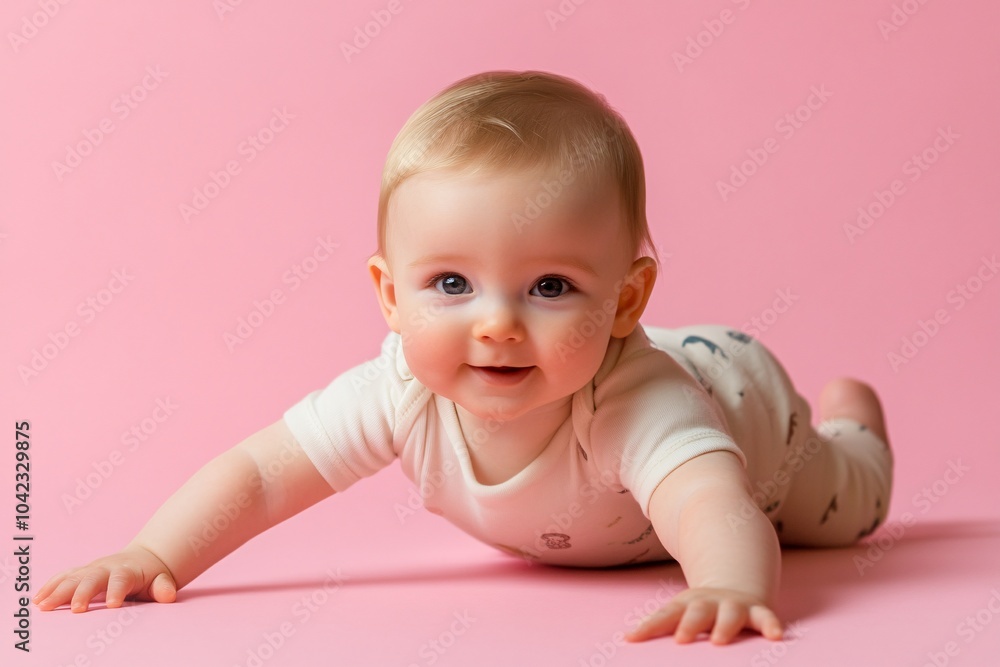European baby boy with fair skin and blonde hair, crawling on a pastel pink background 1 European baby boy with fair skin and blonde hair, crawling on a pastel pink background 1