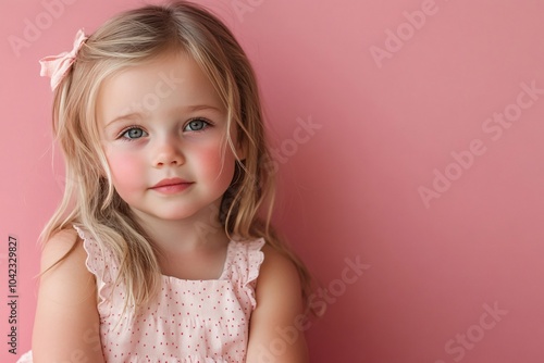 European child girl with blonde hair and fair skin, sitting on a pink background 2