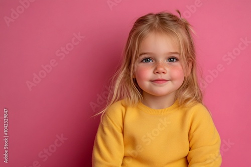 European child girl with blonde hair and fair skin, sitting on a pink background 1