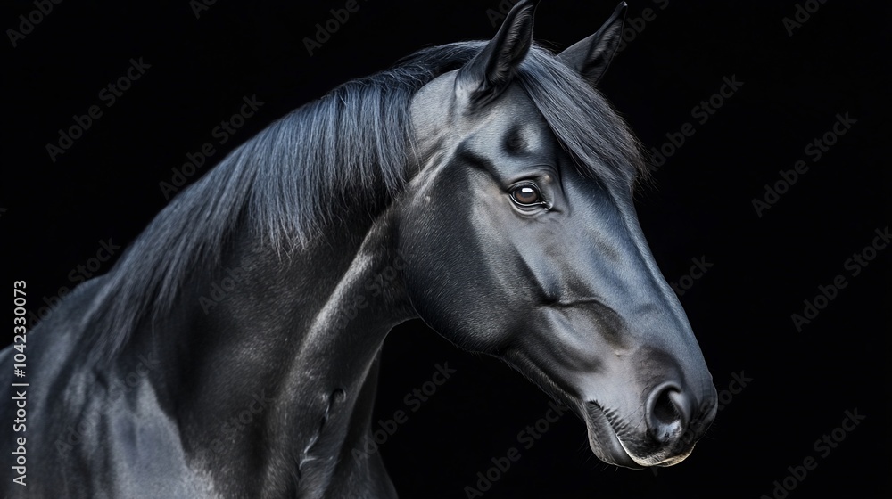 Close-up portrait of a black horse with a dark background.