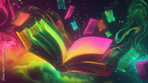 Books with neon lights swirl on a black-to-yellow gradient background wallpaper