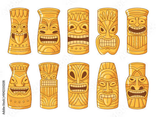 Gold tiki totem. Golden hawaiian totems, warrior polynesian god head statues ritual mask hawaii island party african or mexican maya aztec tribe idol, swanky vector illustration