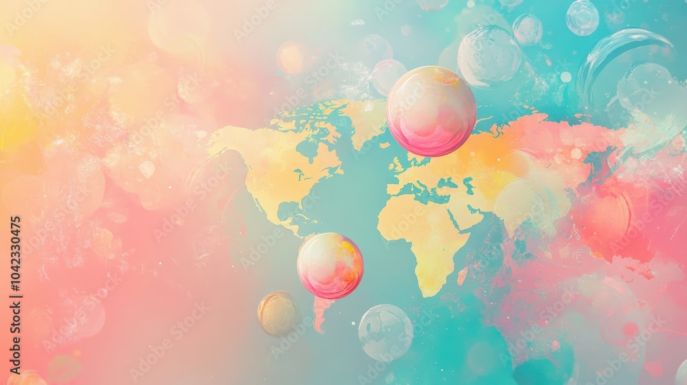 Fototapeta premium Pastel-colored globes and map float on a coral-to-blue gradient background wallpaper