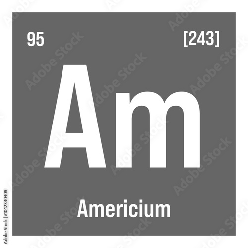 Americium, Am, periodic table element with name, symbol, atomic number and weight. Synthetic radioactive element used in smoke detectors, as a neutron source for scientific research, and potential